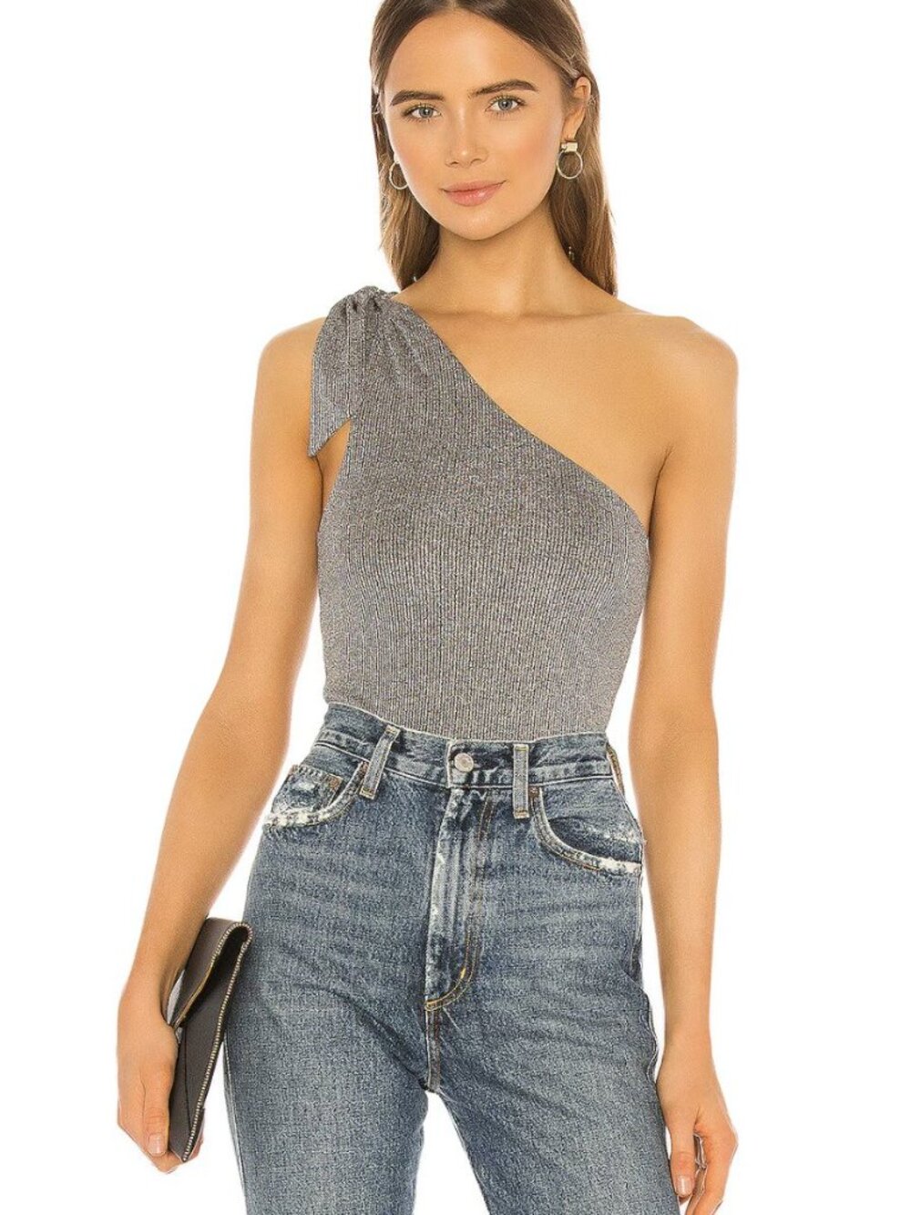 Lovers + Friends Mimi One Shoulder Metallic Bodysuit Silver NWT